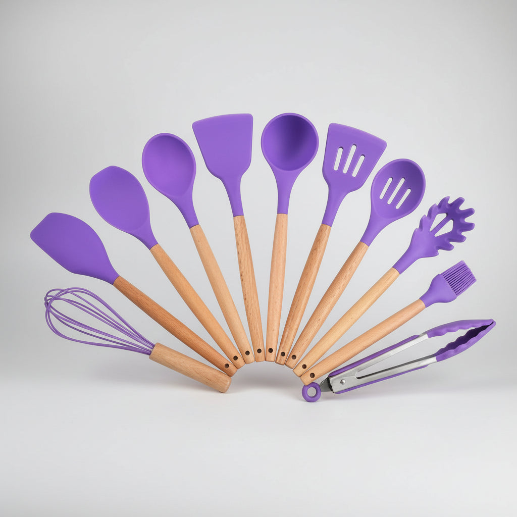 Juego 12 Utensilios De Silicona Mango Madera Cocina