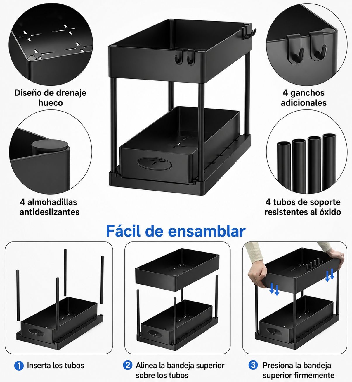 Organizador Multiuso Alacena Bajo Mesada De Metal 2 Niveles con Cajón